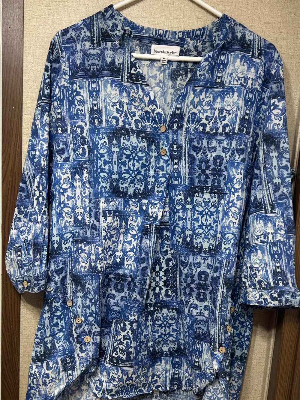 NorthStyle Blue Patchwork-Print Button V-Neck Tunic